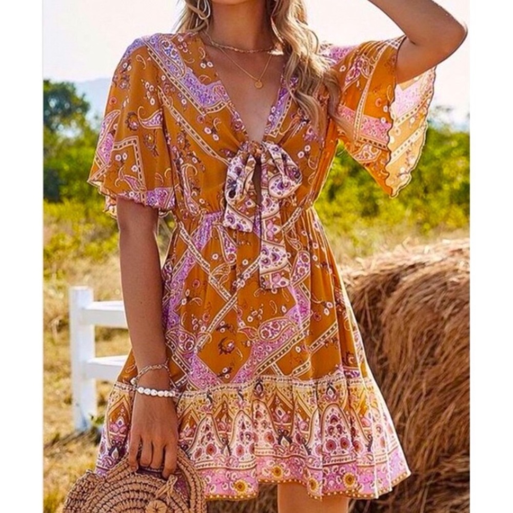 Boho flutter sleeve mini floral dress